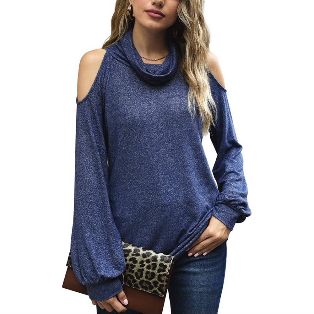 Pretty blue cold shoulder cowl neck sweater